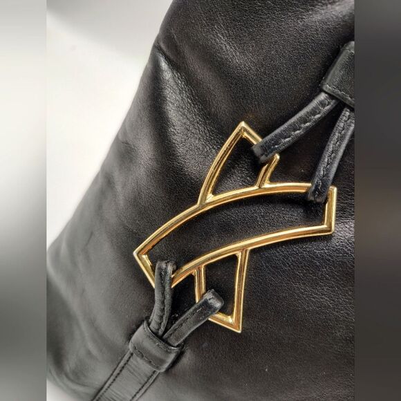 Paloma Picasso Vintage Black Leather Tote Bag Purse   w/Gold Accents - Picture 3 of 15